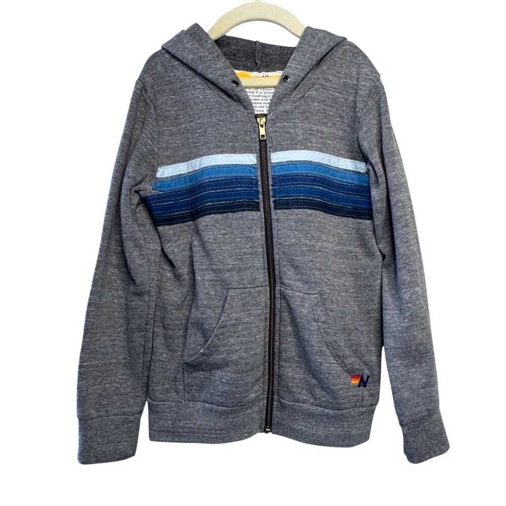 AVIATOR NATION 5 Stripe Hoodie Kids 10 Gray Blue Stripes Full Zip Made In USA - Picture 1 of 7